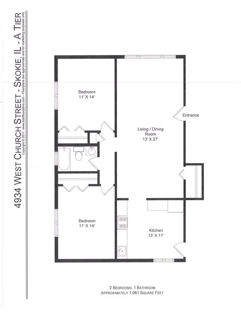 Floor plan for 2 beds, 1.5 baths, 1000 sqft